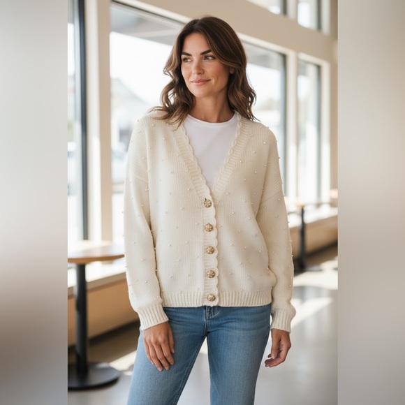 Maggie Lawrence Sweaters - Vtg Knit Cardigan Retro Academia Granny Sweater Cottage Shabby Pearls Large